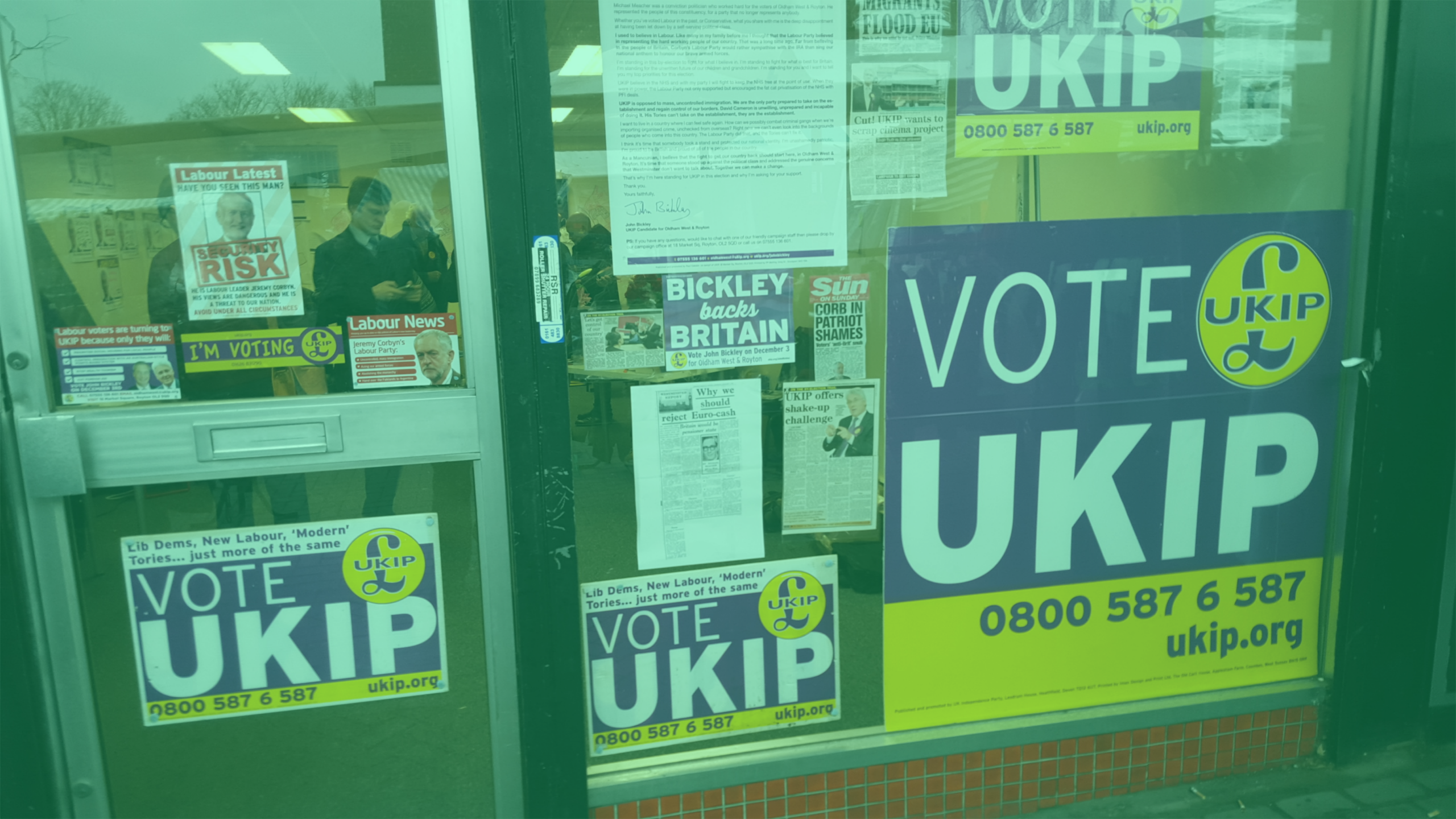 Photo: "UKIP office", by Rathfelder, licensed under CC BY-SA 4.0. Hue modified from the original