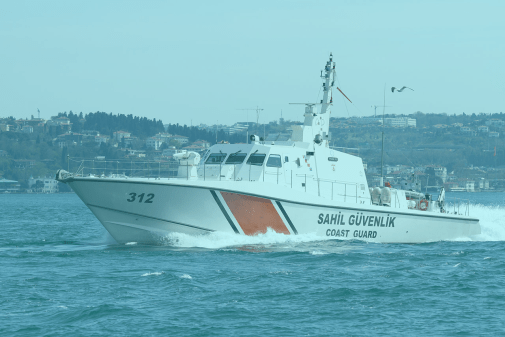 Photo: "Turkish Coast Guard", by Guillaume Piolle licensed under CC BY 3.0. Hue modified from the original