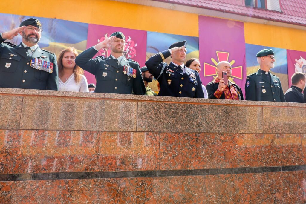 2 Photo posted to the Joint Multinational Training Group—Ukraine Facebook page shows leaders of Task Force Carentan at the Oath of Allegiance ceremony at the NAA in August 2