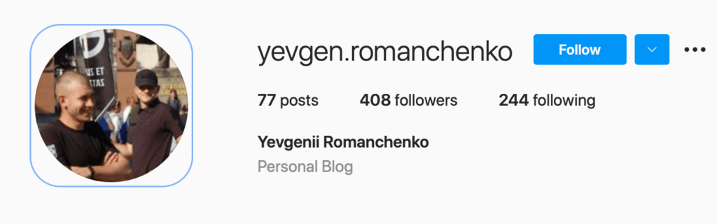 30 Capture d'écran de la photo de profil Instagram de Yevhen Romanchenko (à gauche).  La photo de profil est une photo du rassemblement d'extrême droite de 2019 auquel Centuria a participé.  le