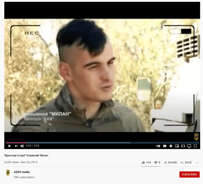 34 Une capture d'écran d'une vidéo postée sur la page YouTube du régiment Azov montre Yuriy Gavrylyshyn sous son indicatif d'appel "Milan".