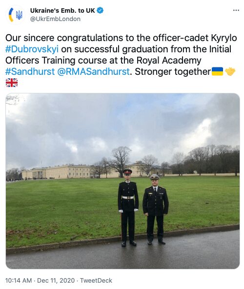 42 Tweet sur Kyrylo Dubrovskyi par l'ambassade d'Ukraine au Royaume-Uni