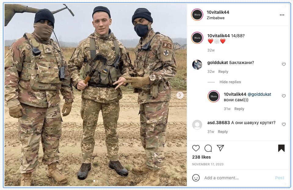 62 Capture d'écran d'un post Instagram de Vitaliy Rosolovskiy le montrant avec des membres de la Force opérationnelle Illini (qui dirigeait le Groupe multinational interarmées d'entraînement — Ukraine au