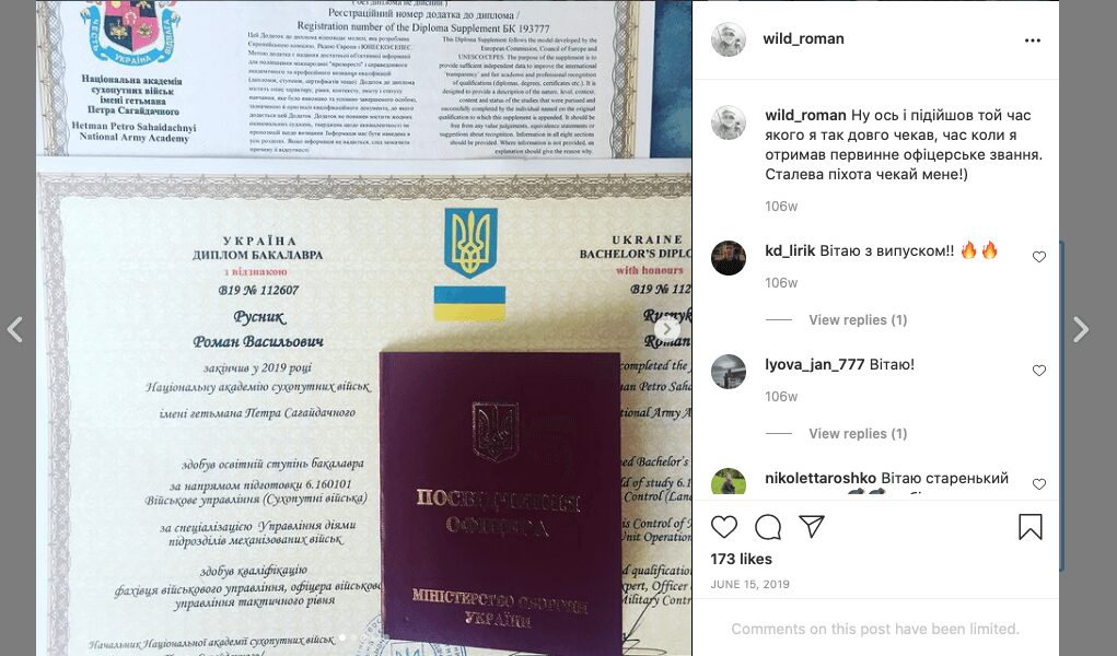 8 Une capture d'écran d'une publication Instagram de juin 2019 du cadet NAA Roman Rusnyk montre le diplôme BA de Rusnyk de la NAA